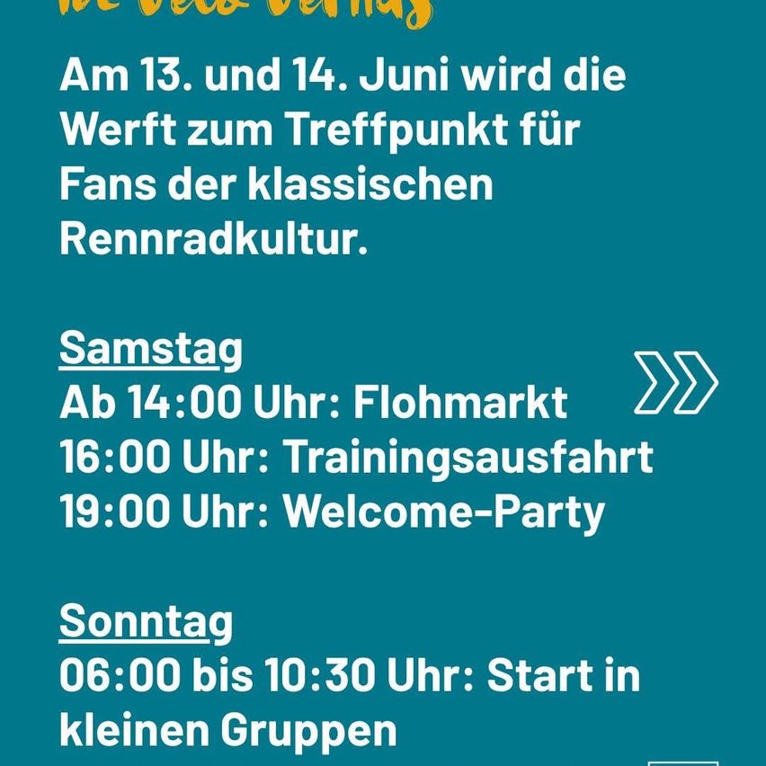 Am 13. und 14. Juni wird die Wert zum Treffpunkt für Fans der klassischen Rennradkultur. Samstag: Ab 14:00 Uhr: Flohmarkt, 16:00 Uhr: Trainingsausfahrt, 19:00 Uhr: Welcome-Party. Sonntag: 06:00 bis 10:30 Uhr: Start in kleinen Gruppen.