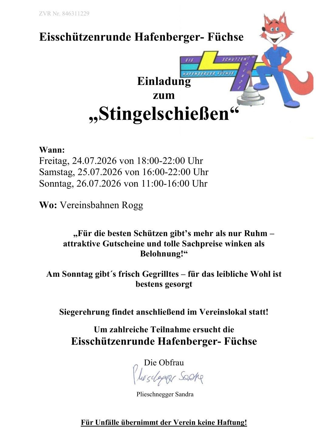 Einladung zum 'Stingelschieben'-Event, geplant für Freitag, Samstag und Sonntag im Juli 2026. Das Event bietet frisches Grillgut und attraktive Gutscheine als Belohnung. Das Event wird von der Eisschützenrunde Hafenberger-Füchse veranstaltet. Unterschrift des Vorsitzenden ist vorhanden.