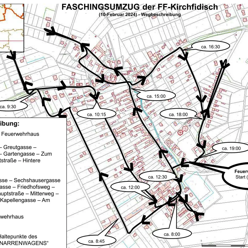 Eine Karte zeigt die Route des Faschingszugs der FF Kirchfischbach. Sie enthält mehrere Straßen, Zeiten und eine Feuerwache.