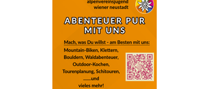 Werbeposter für Outdoor-Aktivitäten. Angebote umfassen Mountainbiken, Klettern, Bouldern, Waldabenteuer, Outdoor-Kochen, Tourenplanung, Schitouren und vieles mehr. Enthält einen QR-Code.