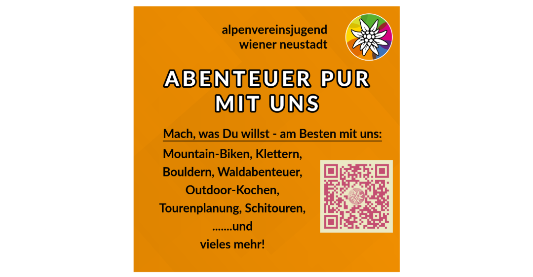 Werbeposter für Outdoor-Aktivitäten. Angebote umfassen Mountainbiken, Klettern, Bouldern, Waldabenteuer, Outdoor-Kochen, Tourenplanung, Schitouren und vieles mehr. Enthält einen QR-Code.