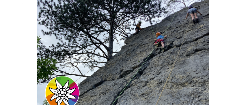 Drei Personen klettern an einem steilen Felsvorsprung mit befestigten grünen Seilen. Der Kletterer links trägt ein gelbes Shirt, während der auf der rechten Seite ein blaues Shirt trägt.
