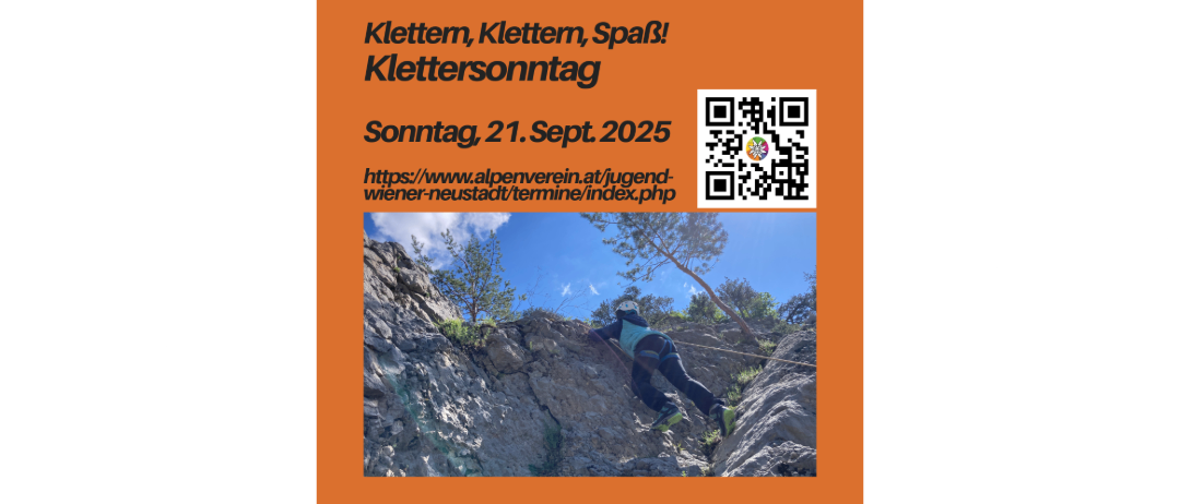 Plakat für das Klettersonntag-Event am 21. September 2025. Zeigt einen Kletterer auf einer Felswand mit einem QR-Code für Event-Details.