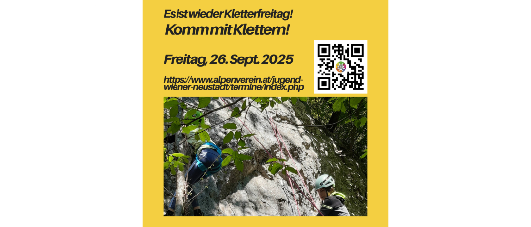 Plakat für die 'Es ist wieder Kletterfreitag!' Veranstaltung mit einem QR-Code und einem Bild von Kletterern. Der Termin ist Freitag, 26. September 2025.