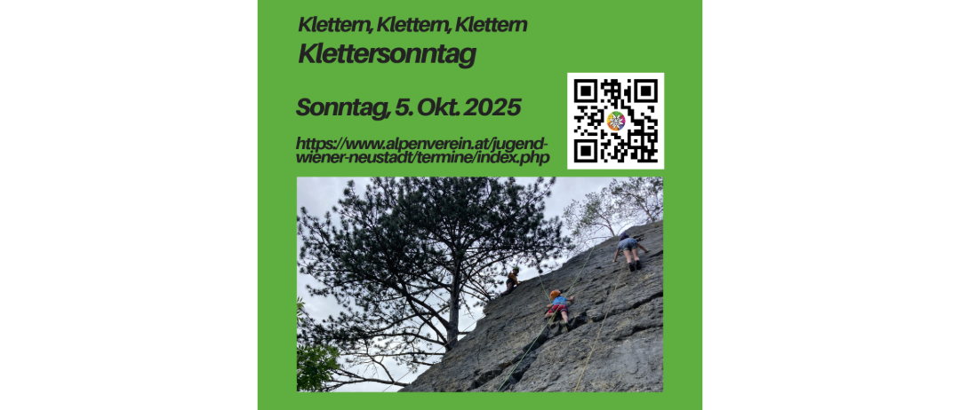 Plakat für eine Kletterveranstaltung. Drei Personen klettern an einer Felswand. Ein QR-Code und eine URL sind ebenfalls vorhanden.