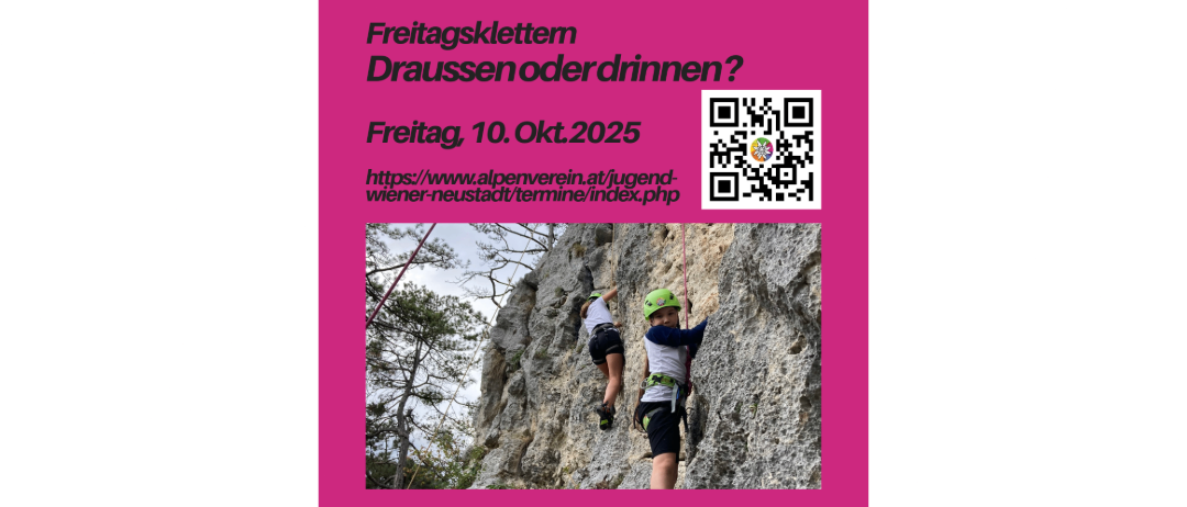 Plakat für eine Kletterveranstaltung am 10. Okt. 2025. Zwei Kinder klettern mit Seilen und tragen Helme. QR-Code auf der rechten Seite. Website-Link im Text.