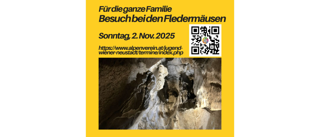 Ein gelbes Plakat kündigt einen Familienbesuch in zwei Fledermaushäusern am 2. November 2025 an. Es enthält einen QR-Code für weitere Informationen und ein Foto einer höhlenartigen Struktur.