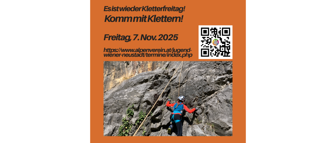 Plakat für Kletterevent. Einladung zur Teilnahme. Datum: Freitag, 7. November 2025. QR-Code für Event-Details.