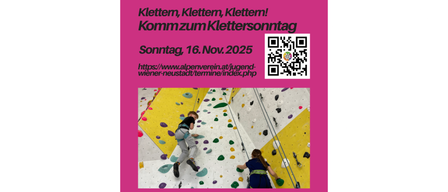 Plakat für eine Kletterveranstaltung. Es zeigt zwei Personen beim Klettern an einer Kletterwand. Das Plakat enthält das Datum, 16. November 2025, und einen QR-Code.
