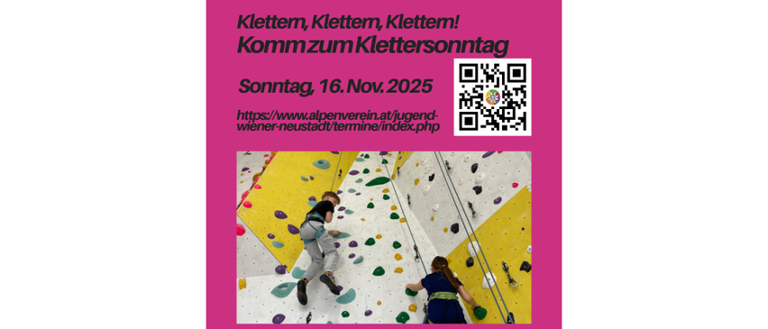 Plakat für eine Kletterveranstaltung. Es zeigt zwei Personen beim Klettern an einer Kletterwand. Das Plakat enthält das Datum, 16. November 2025, und einen QR-Code.