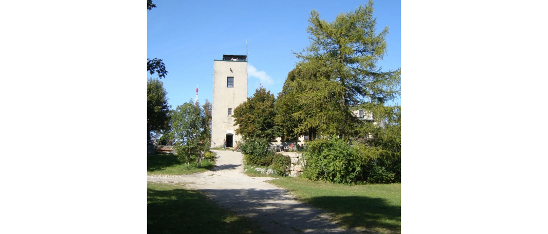 Ein hoher Turm steht in der Nähe eines Hauses, umgeben von Bäumen und einem Kiesweg unter einem klaren blauen Himmel.