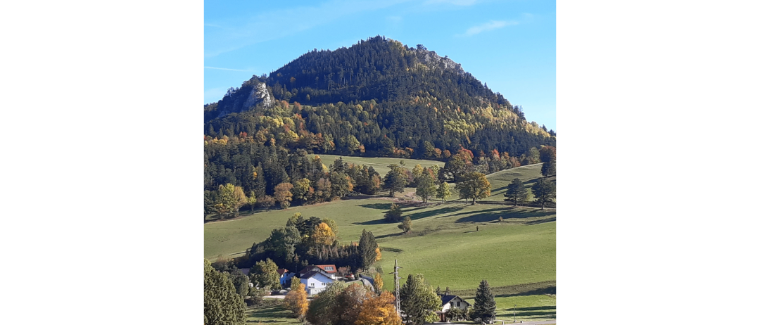 Ein Berg mit einem felsigen Gipfel ist von einem üppigen grünen Tal mit Bäumen in verschiedenen Farben umgeben. Ein paar Häuser sind in das Tal eingebettet.