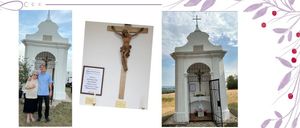 Drei Bilder: zwei Personen vor einem Gebäude, ein gerahmtes Dokument und eine kleine Kapelle mit Kreuz und Blumen.