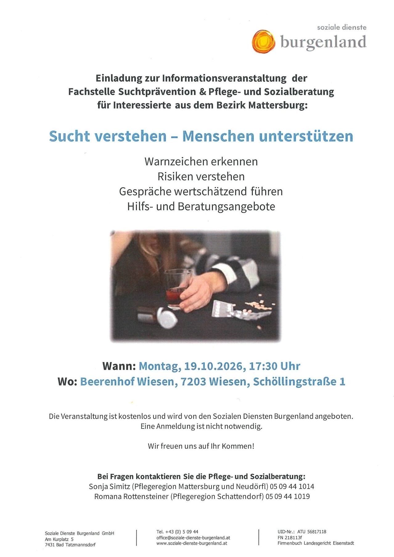 An informational poster about a free event on addiction prevention and social counseling in Mattersburg, featuring a person holding a glass and pills on a table.