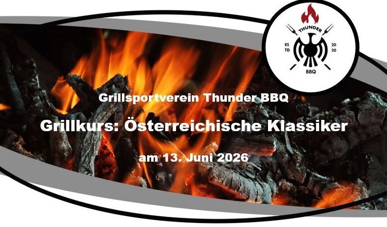 Werbung fur Thunder BBQ's Grillkurs am 13. Juni 2026. Feuer und Flammen im Hintergrund.