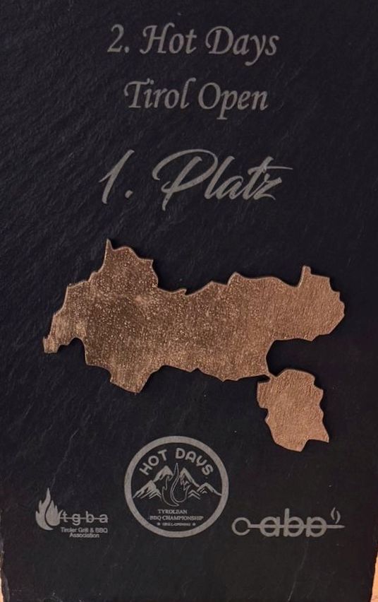 Eine schwarze Plakette mit dem Text '2. Hot Days Tirol Open 1. Platz' und einer Kupferkarte einer Region, wahrscheinlich Tirol. Die Karte ist weiß umrandet. Die Plakette enthält Logos für 'HOT DAYS' und 'fg-ba'.