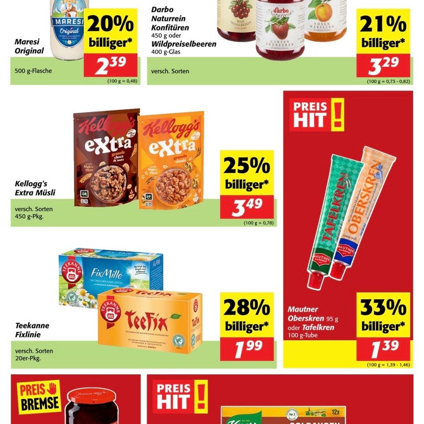 Ein Werbebild mit Produkten wie Maresi Original, Darbo Naturrein Konfitüren, Kellogg's Extra Müsli, Teefix und Oberskrän, das Rabattprozente und Preise anzeigt.