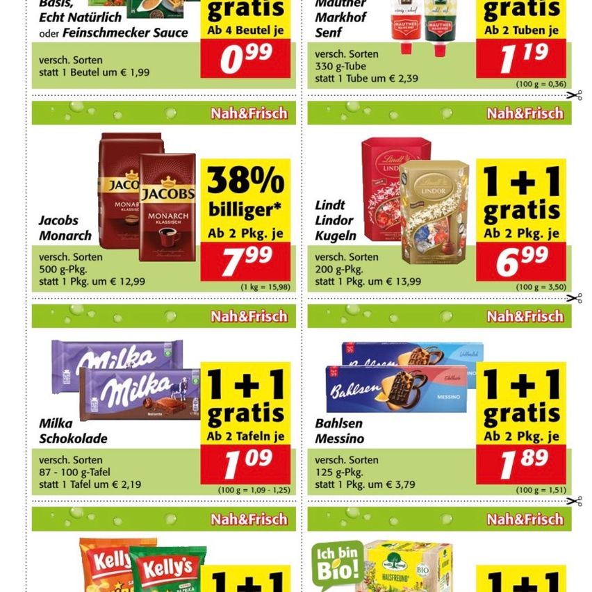 Werbung für Feinschmecker Sauce, Jacobs Monarch Kaffee, Lindt Schokoladenkugeln, Milka Schokolade und Bahlsen Messingo Kekse, mit verschiedenen Angeboten und Rabatten. Angebote beinhalten 4 für den Preis von 3, 2 für den Preis von 1 und kostenlose Artikel. Preise und Gewichte der Produkte sind aufgeführt.