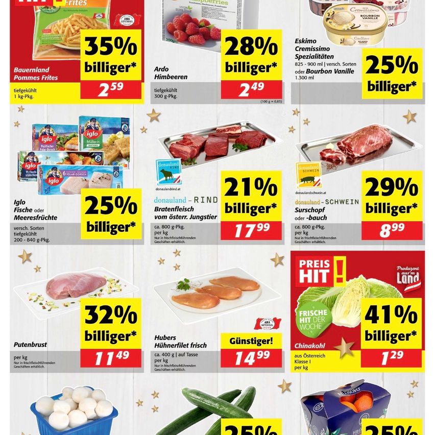 Ein Werbeplakat zeigt verschiedene Lebensmittel mit Rabatten. Es gibt gefrorene Pommes, Erdbeeren und Eiscreme mit Preisreduktionen. Es gibt auch Bilder von Hühnchen, Fleisch und Eiern mit Preisschildern und Prozentrabatten.