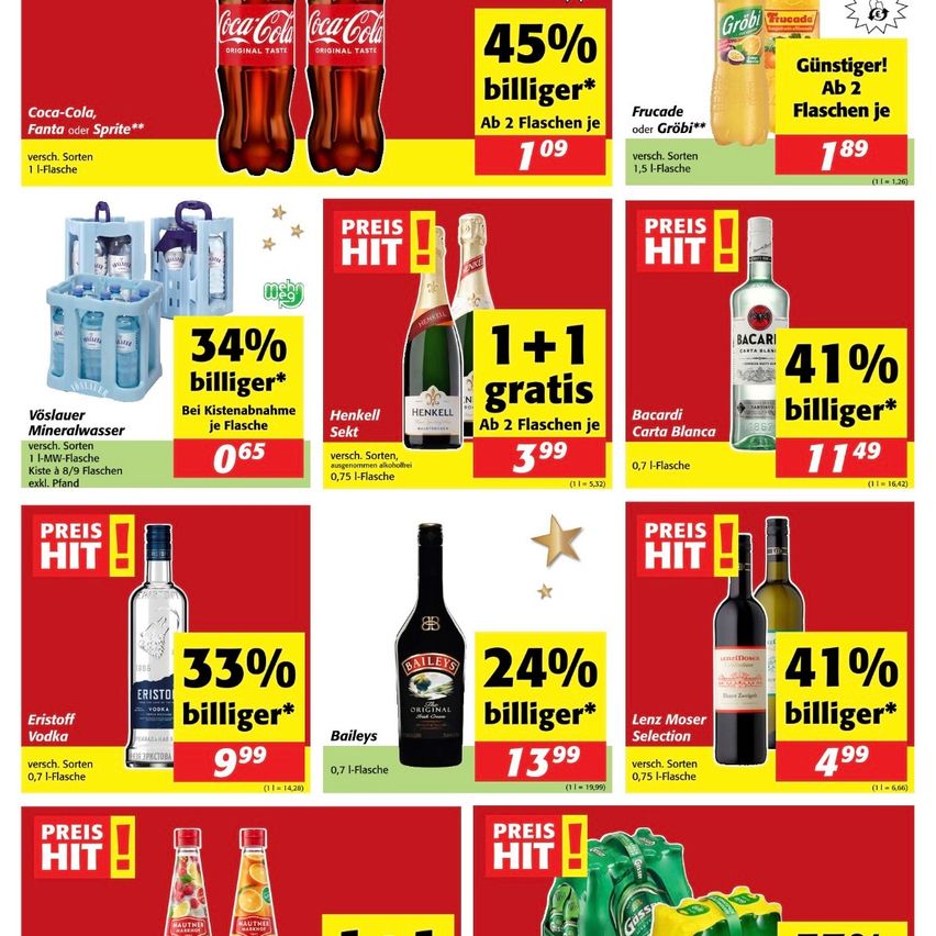 Werbung für Coca-Cola, Fanta und Sprite Flaschen mit Rabatten. Vöslauer Mineralwasser in einem blauen Kasten mit Rabatten. Henkell Sektflaschen mit kostenlosen Flaschen und Rabatten. Bacardi Carta Blanca Rum mit Rabatten. Eristoff Vodka mit Rabatten. Baileys Irish Cream mit Rabatten. Lenz Moser Selection Wein mit Rabatten.