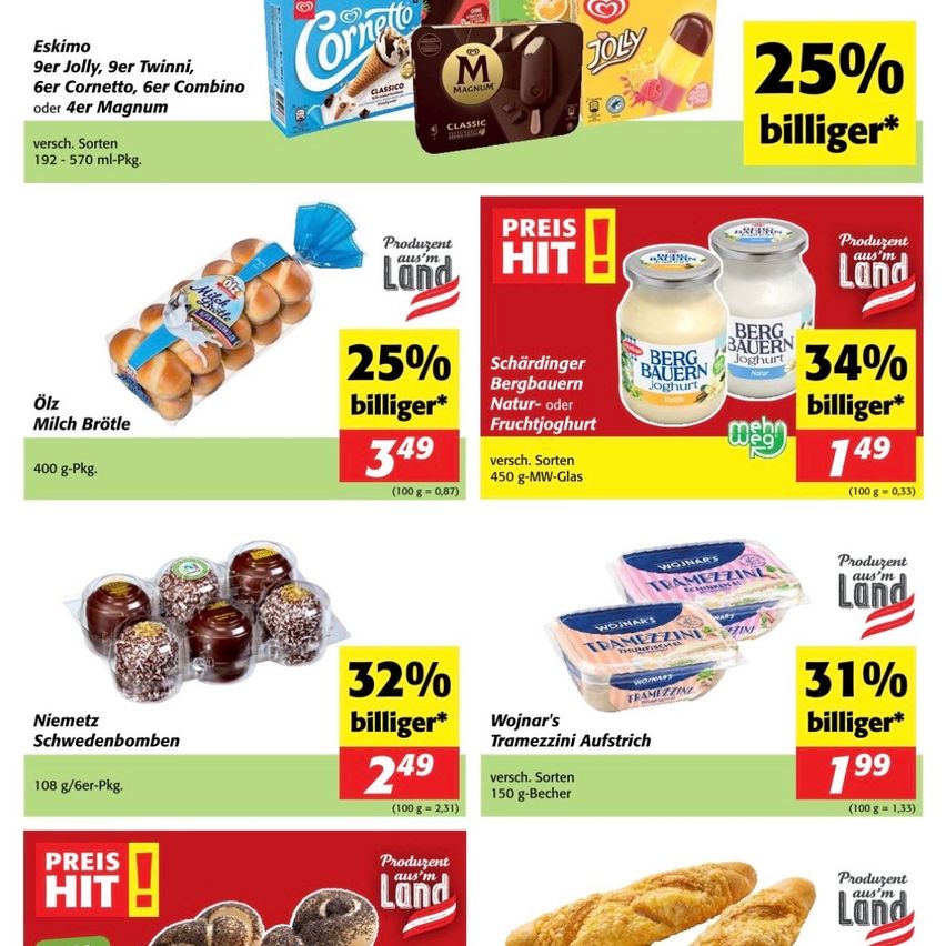 Werbung für Milchprodukte. Verschiedene Produkte werden gezeigt, einschließlich Joghurt, Schokoladen und Brötchen. Preis- und Rabattdetails werden für jedes Produkt angezeigt. Die Produkte stammen aus lokaler Produktion.