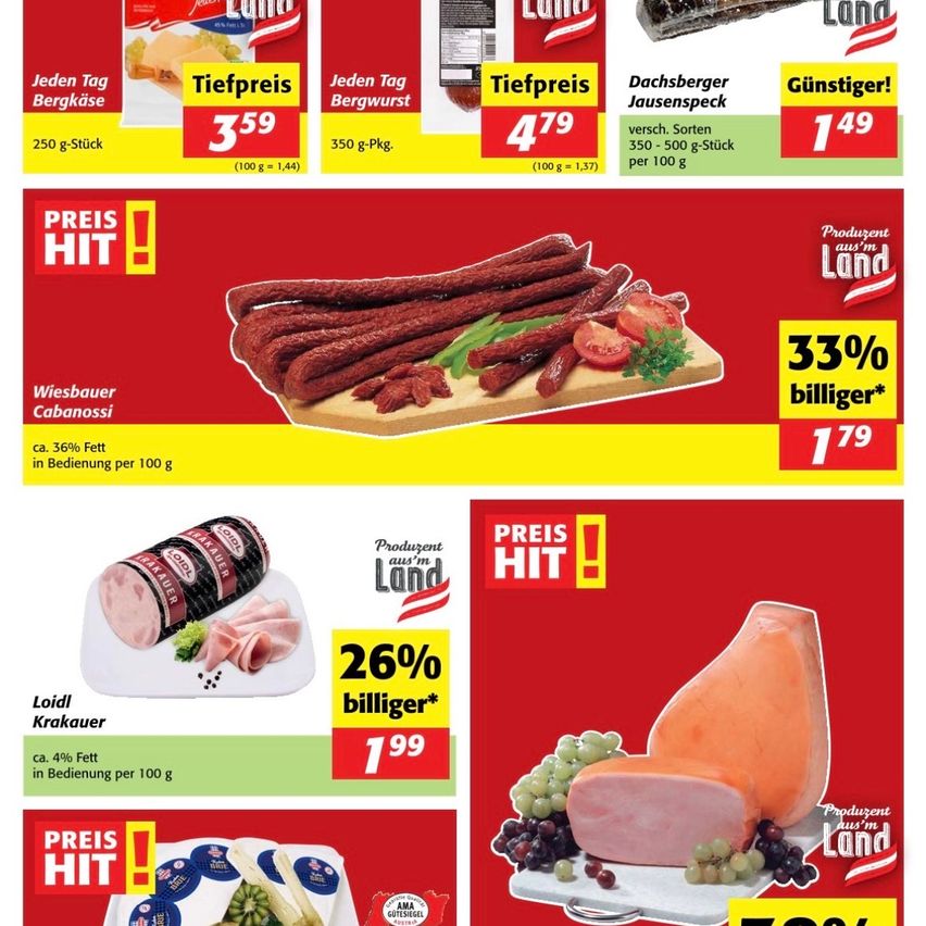 Rabattflyer für Fleischprodukte, mit Würsten, Bergkäse und anderen Produkten. Angebote umfassen 'Preis Hit', 33% günstiger, 26% günstiger und den günstigsten Preis.