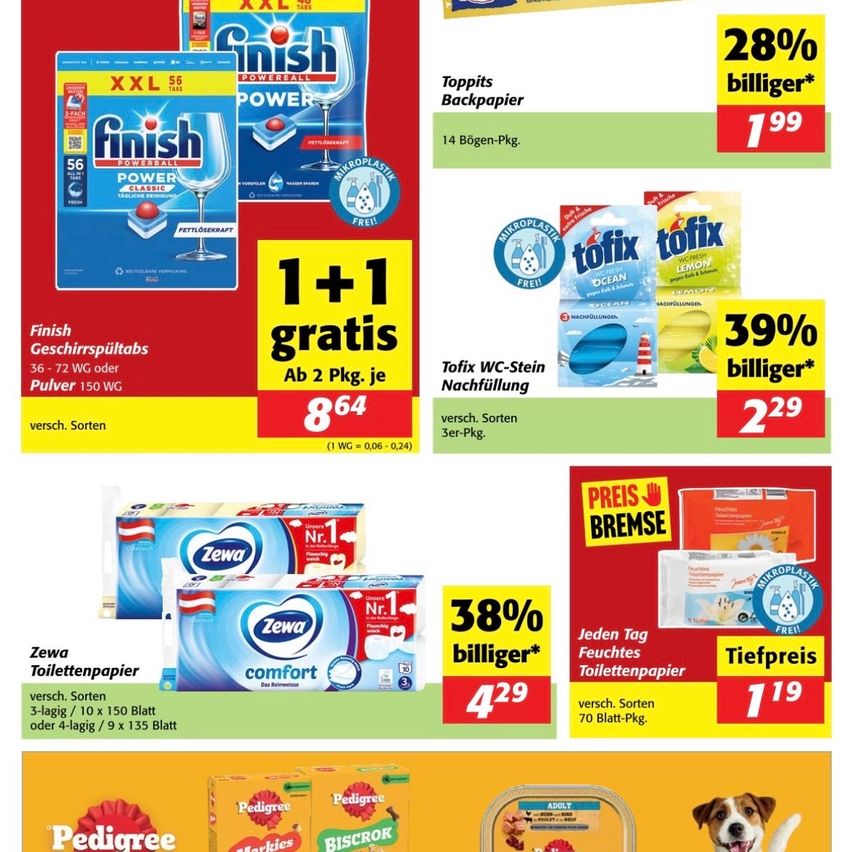 Eine Werbung für Finish und Tofix Reinigungsprodukte. Finish Powerball Reinigungsmittel bietet ein 1+1 Gratis-Angebot für 2 Packungen. Tofix WC-Stein Nachfüllungen sind 39% günstiger.