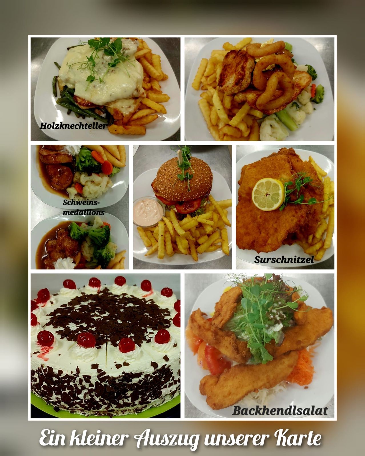 Sechs Teller mit Essen: Schnitzel mit Zitrone, Burger mit Pommes, Kuchen mit Kirschen und drei weitere.