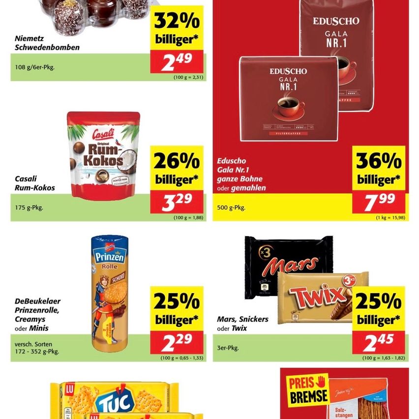 Produkt-Rabatte auf Schwedenbomben, Rum-Kokos, Eduscho Kaffeebohnen, Prinzen Rollen, Mars, Twix und TUC-Cracker. Rabatte von 25% bis 36%. Spezifikationen und Preise für jedes Produkt sind angegeben.