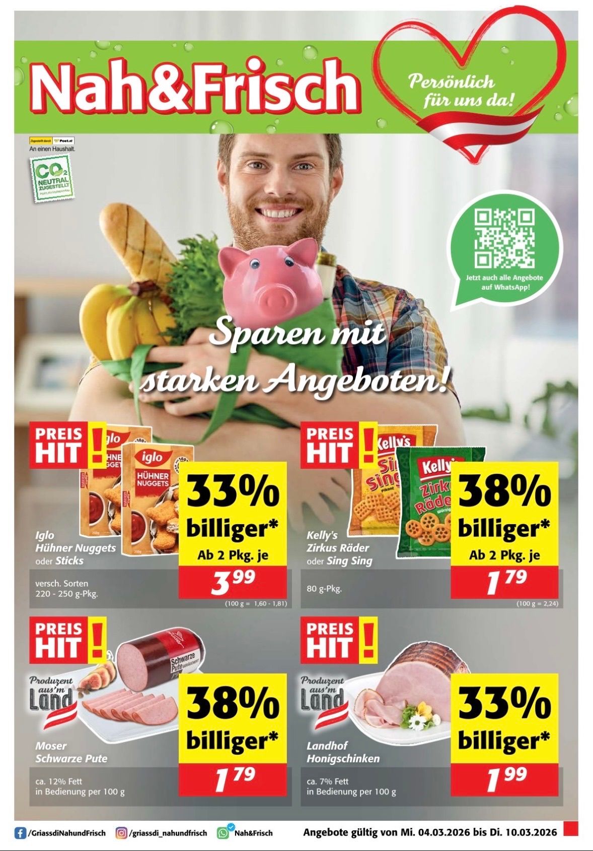 Ein Mann hält eine Spardose und Lebensmittel. Rabatte auf Hühnernuggets und Brezeln werden beworben. Das Bild enthält einen QR-Code und einen WhatsApp-Button.