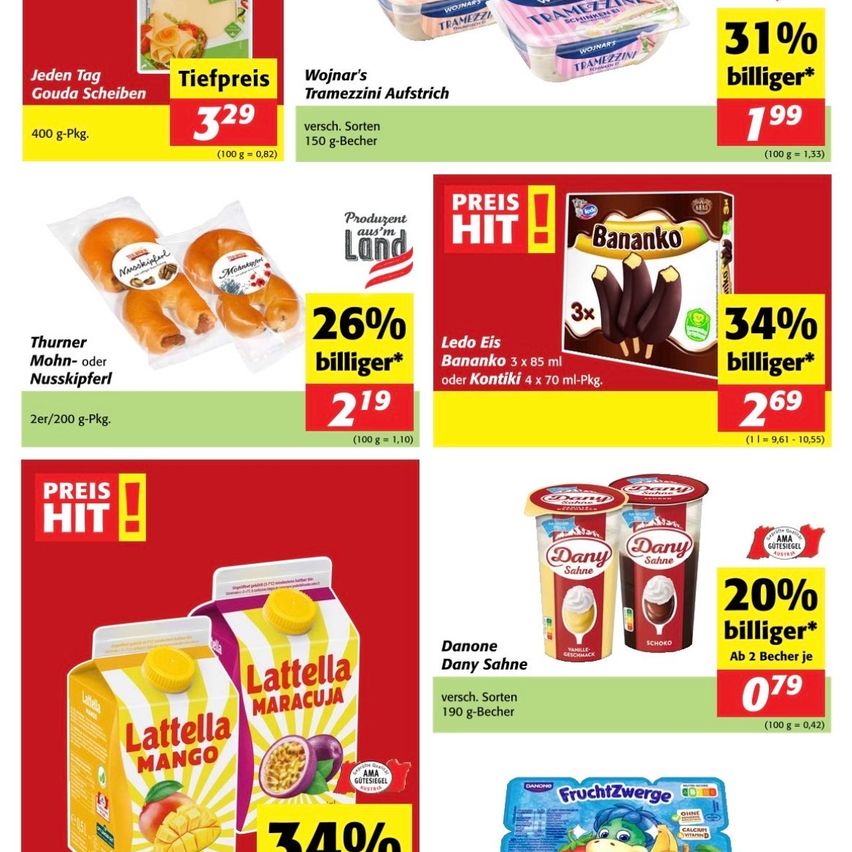 Ein Werbeflyer für verschiedene Lebensmittel. Es zeigt Produkte wie Gouda-Käse, Bananeneis und Mangosaft mit Rabattprozentsätzen und Preisen.