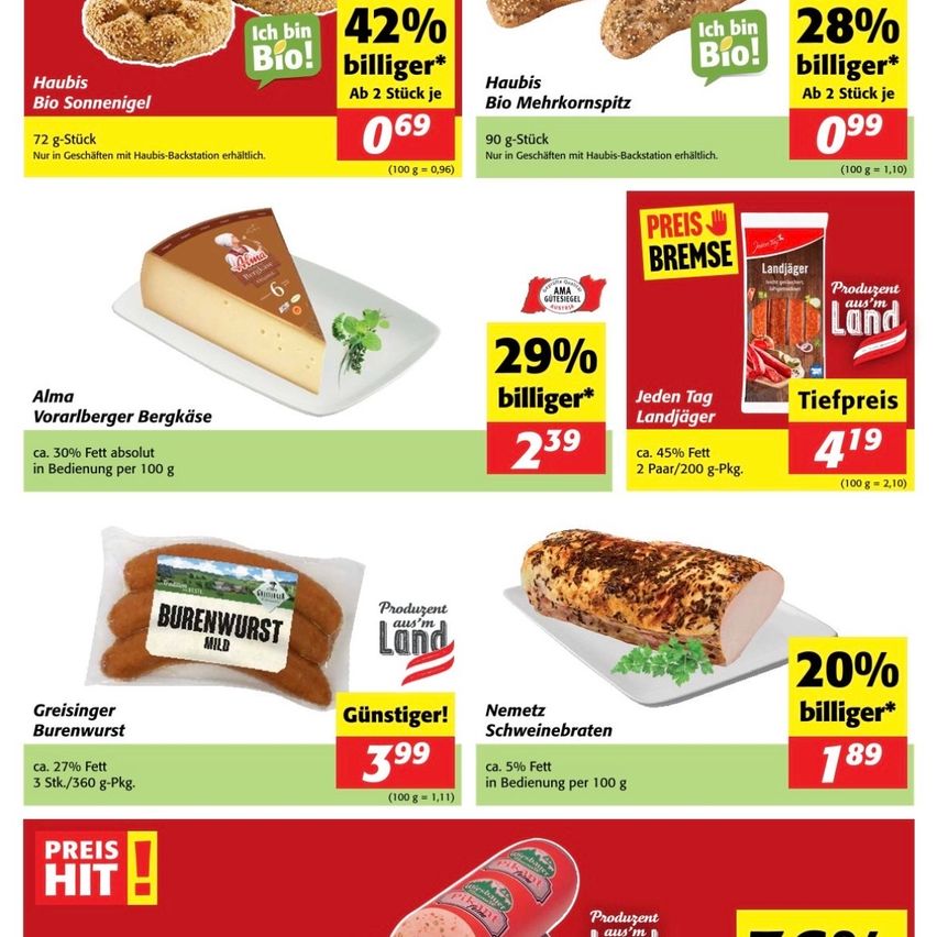 Eine Werbung für verschiedene Lebensmittel, einschließlich Käse, Würste und Schinken, mit Preissenkungen und Nährwertangaben. Die Produkte sind mit ihrem Fettgehalt und Preis pro 100g gekennzeichnet.