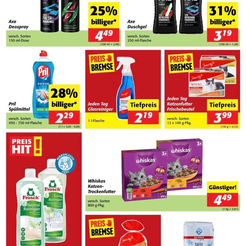 Ein Werbeflyer zeigt verschiedene Haushaltsprodukte mit Preisreduktionen. Produkte umfassen Axe Deospray, Pril Spülmittel und Whiskas Katzenfutter. Jedes Produkt zeigt einen Prozentsatz der Preissenkung und einen neuen Preis.