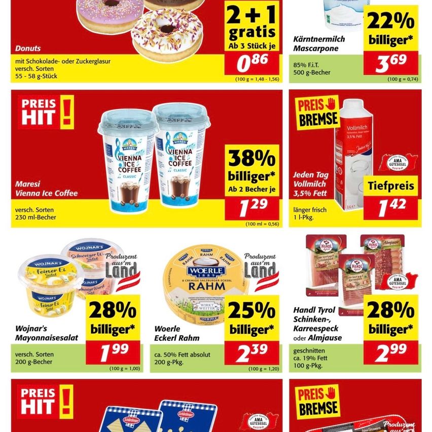 Ein Werbeflyer für verschiedene Lebensmittel. Es zeigt Donuts, Vienna Ice Coffee, Kinder Cereal und Woerner Eckler Rahm. Jedes Produkt hat einen Preis und einen Rabattprozentsatz. Der Flyer ist farbenfroh mit einem roten und gelben Hintergrund.