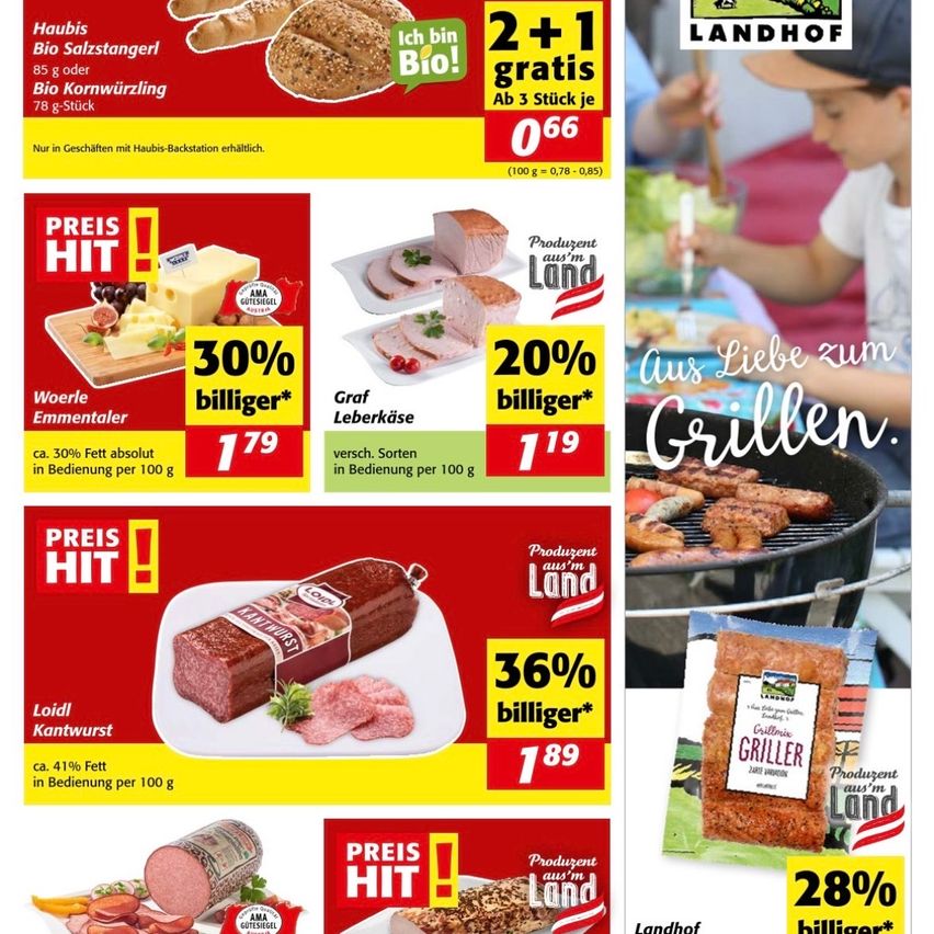 Eine Werbung für Landhof-Produkte zeigt verschiedene Fleischprodukte mit Rabatten und einem Jungen, der Essen grillt. Der obere Teil zeigt einen Bio-Salzstangen mit einem 2+1-Angebot. Der mittlere Teil zeigt eine Fleischplatte mit 20% Rabatt. Der untere Teil zeigt eine Wurst mit 36% Rabatt.