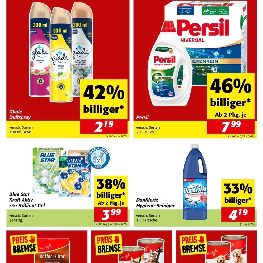 Ein Werbeplakat für verschiedene Haushaltsprodukte, darunter Glade Lufterfrischer, Persil Waschmittel, Blue Star Reinigungsgel und DanKlorix Hygienereiniger. Jedes Produkt hat einen Preis und einen Rabattprozentsatz. Die Produkte sind auf einem roten Hintergrund mit einem Preisschild abgebildet.
