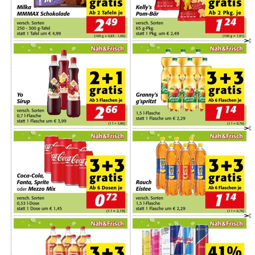 Ein Flyer bietet Milka-Schokolade für 2,49 Euro mit 2 Tafeln, Joghurt für 1,24 Euro mit 2 Packungen, Himbeersirup für 2,66 Euro mit 3 Flaschen, Apfelsaft für 1,14 Euro mit 6 Flaschen, Coca-Cola für 0,72 Euro mit 6 Dosen und Red Bull für 41% Rabatt mit 3 Dosen.