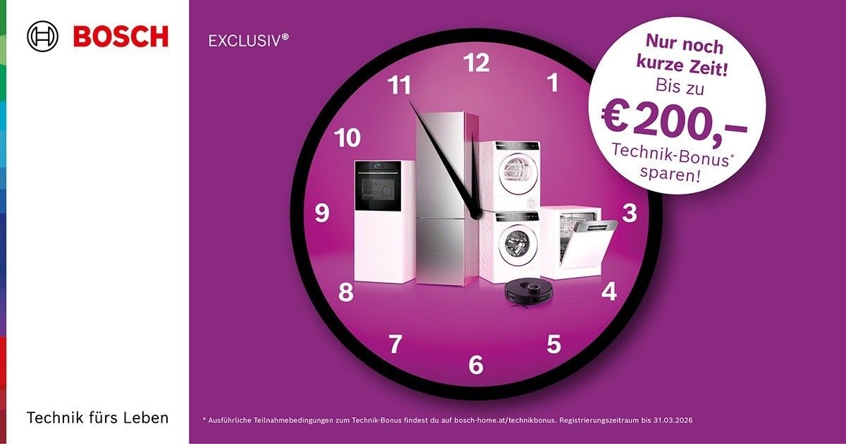 Werbeanzeige für exklusive Technik-Einsparungen. Sparen Sie bis zu 20 Euro. Verschiedene Geräte wie Mikrowelle, Geschirrspüler, Waschmaschine und Kühlschrank sind auf einem Uhrenfacette abgebildet. Anmeldefrist endet am 31.03.2022.