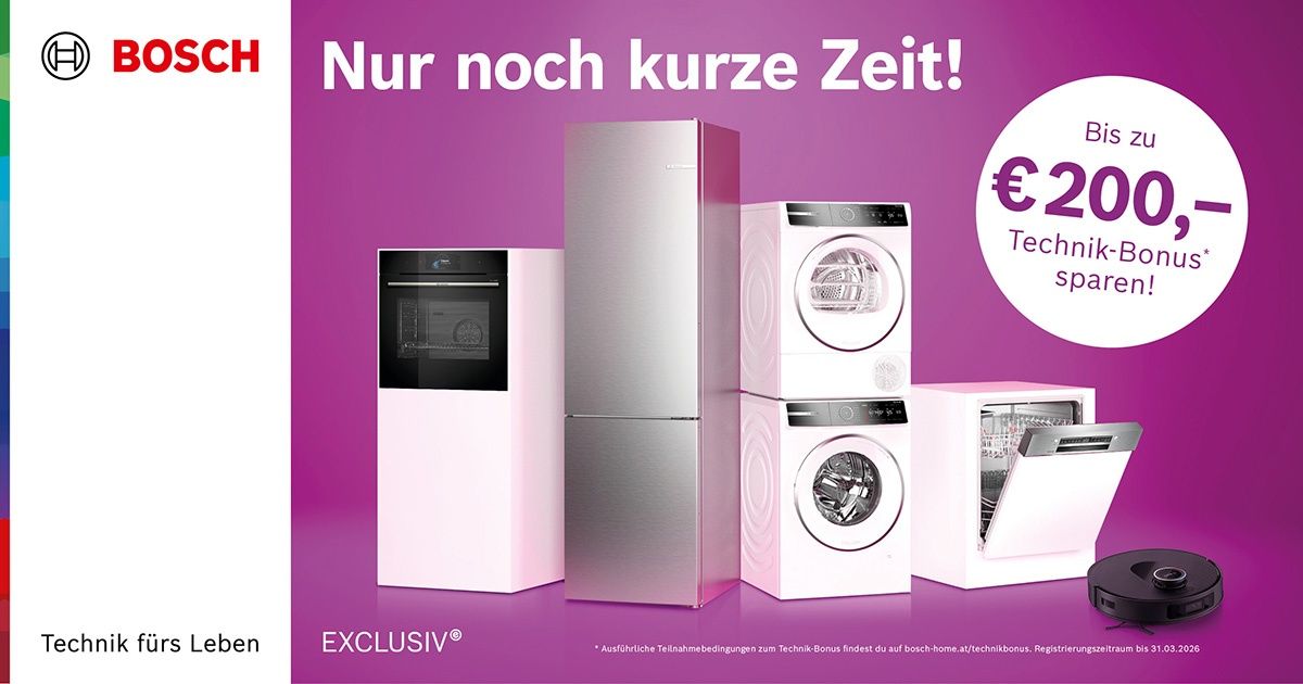 Werbung für einen Haushaltsgeräteverkauf. Es zeigt einen Kühlschrank, einen Ofen und eine Waschmaschine mit der Botschaft 'Nur noch kurze Zeit!' und einem Preis von €2. Allgemeine Geschäftsbedingungen gelten.