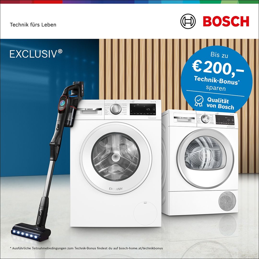 Advertisement for Bosch technology featuring a washing machine, a dryer, and a vacuum cleaner, with a blue banner that reads 'Exclusive' and 'Up to €200 Technik-Bonus'.