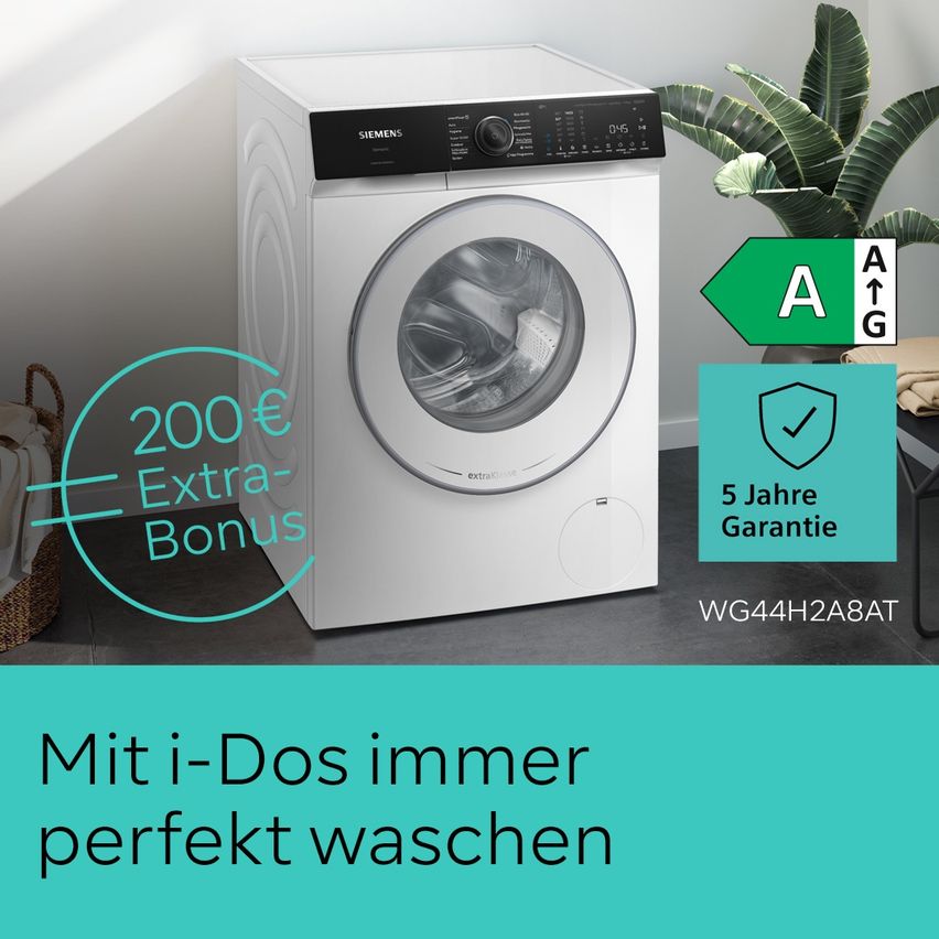 A Siemens washing machine with i-Dos technology for perfect washing. A 5-year warranty and a 200€ bonus are included. Model number WG44H2A8AT.