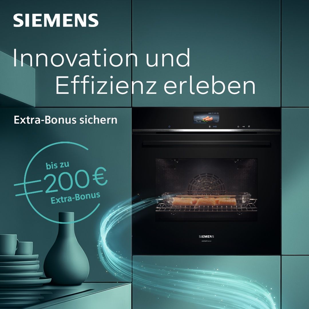 Siemens oven advertisement. Offers innovation, efficiency, and an extra bonus up to 200 euros. The oven is displayed with a cooking rack inside.