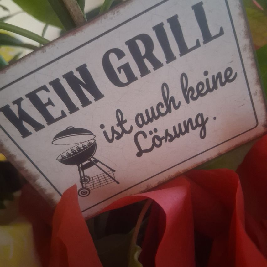 A metal sign reads Kein Grill ist auch keine Lösung. It has an image of a grill on it.