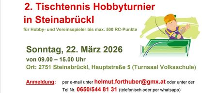 Hobby-Tischtennisturnier in Steinabrückl am Sonntag, 22. März 2026, von 9:00 bis 15:00 Uhr. Anmeldung unter 0650/544 81 31 oder helmut.forthuber@gmx.at. Teilnahmegebühr €10. Mittagessen verfügbar. Ausrüstung und Getränke sind vorhanden.