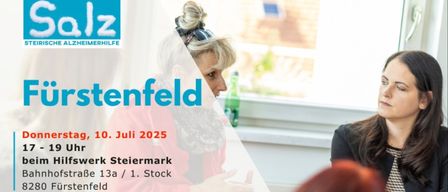 Plakat für eine Veranstaltung in Stensfeld mit einer sprechenden Frau. Datum 10. Juli 2025, 13 Uhr. Ort ist Werk Steiermark, Be 13a, 1. Stock.