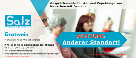 Ein Plakat mit einer Gruppe von Menschen, einschließlich eines Mannes und Frauen, die mit einem Mann in einer Brille diskutieren. Der Titel des Plakats ist 'Gesprächsrunde' und erwähnt 'Achtung Andere Standorten'. Das Datum und die Uhrzeit sind '19:00 Uhr' an einem Donnerstag. Die Adresse ist 'Gratwein-Strassengel'.