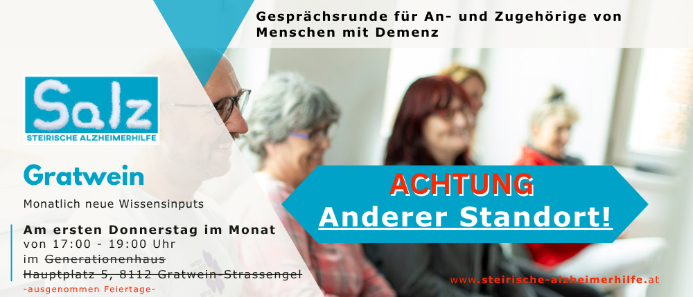 Ein Plakat mit einer Gruppe von Menschen, einschließlich eines Mannes und Frauen, die mit einem Mann in einer Brille diskutieren. Der Titel des Plakats ist 'Gesprächsrunde' und erwähnt 'Achtung Andere Standorten'. Das Datum und die Uhrzeit sind '19:00 Uhr' an einem Donnerstag. Die Adresse ist 'Gratwein-Strassengel'.