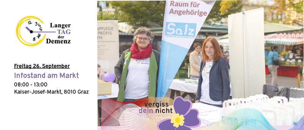 Ein Bild mit zwei Frauen, die hinter einem Tisch mit einem Banner stehen. Das Banner steht für 'Raum für Angehörige' und 'Salz'. Die Frau links trägt einen grünen Schal und eine Brille. Die Veranstaltung findet am 5. September auf dem Marktplatz in Graz statt.