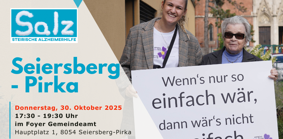 Plakat für eine Veranstaltung mit zwei Frauen, eine mit Brille, mit Text über Treffen für Menschen mit Demenz am 30. Oktober 2025 im Foyer Gemeindeamt.
