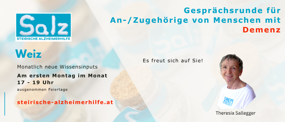 Plakat für Alzheimerhilfe, zeigt eine ältere Frau, die lächelt, und einen Text über ein monatliches Treffen jeden Montag um 9 Uhr.